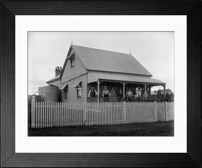 Framed Print : Unknown family portrait and family with monkey on verandah, c1900s Framed Print : Unknown family portrait and family with monkey on verandah, c1900s