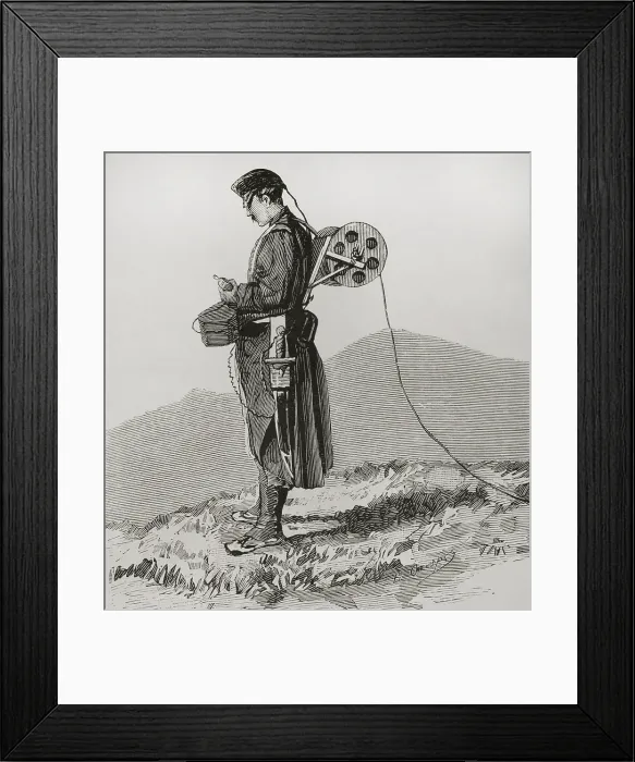 Framed Print : Telegraphist engineer receiving and transmitting dispatches during the march, in the Army... 1878. Creator: Bernardo Rico