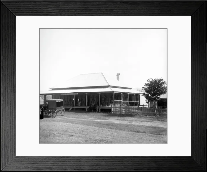 Framed Print : Upper Coomera Hotel - horse drawn wagon in front of hotel, 1888. Creator: Robert Augustus Henry L'Estrange. Upper Coomera Hotel - horse drawn wagon in front of hotel, 1888 Framed Print : Upper Coomera Hotel - horse drawn wagon in front of hotel, 1888. Creator: Robert Augustus Henry L'Estrange. Upper Coomera Hotel - horse drawn wagon in front of hotel, 1888