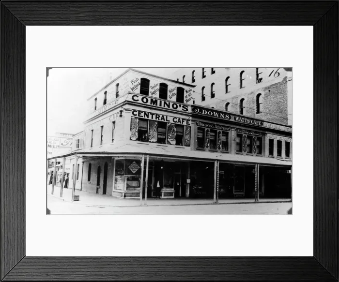 Framed Print : Comino's Central Cafe on the corner of Edward and Adelaide Streets, Brisbane, c1910 Framed Print : Comino's Central Cafe on the corner of Edward and Adelaide Streets, Brisbane, c1910