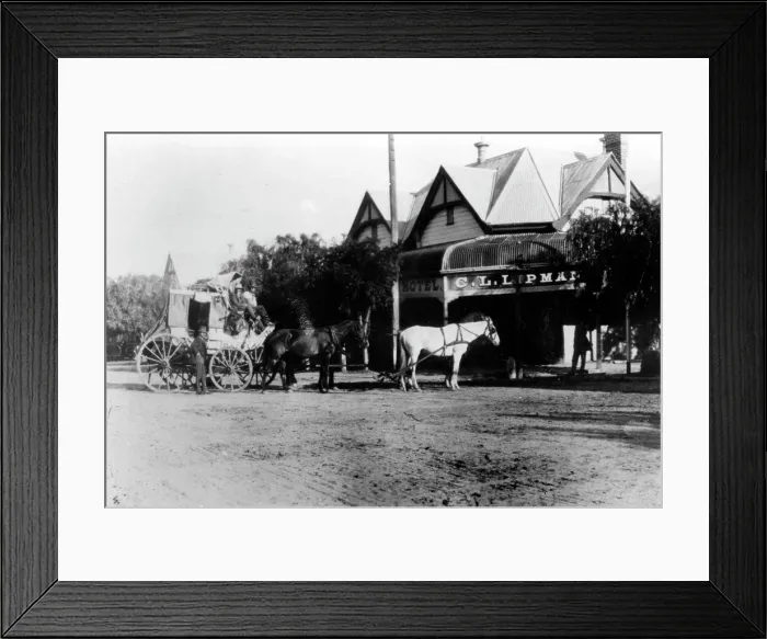 Framed Print : Cobb & Co. coach at the Club (Boutique) Hotel, Cunnamulla, Queensland, c1915. Creator: Unknown Framed Print : Cobb & Co. coach at the Club (Boutique) Hotel, Cunnamulla, Queensland, c1915. Creator: Unknown