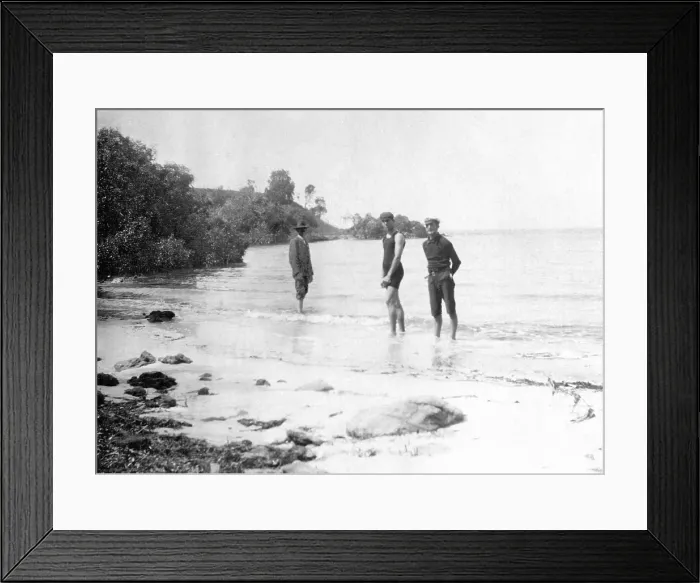 Framed Print : Men in swimming costumes at the water's edge, possibly at the mouth of the Tweed River, 1910 Framed Print : Men in swimming costumes at the water's edge, possibly at the mouth of the Tweed River, 1910