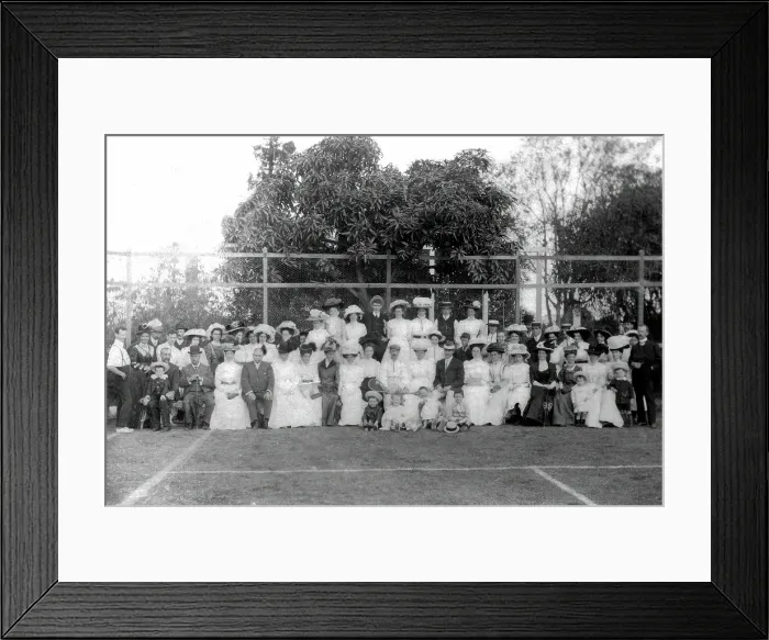 Framed Print : Possibly City Electric Light company employees and their families on a tennis court, 1903 Framed Print : Possibly City Electric Light company employees and their families on a tennis court, 1903