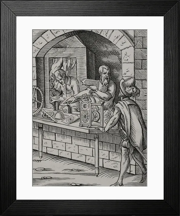 Framed Print : Watchmaker workshop, 16th century (1877). Creator: Jost Ammon Framed Print : Watchmaker workshop, 16th century (1877). Creator: Jost Ammon