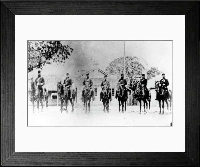 Framed Print : Police Commissioner and troopers outside Brisbane Police Headquarters 1868. Creator: Unknown Framed Print : Police Commissioner and troopers outside Brisbane Police Headquarters 1868. Creator: Unknown