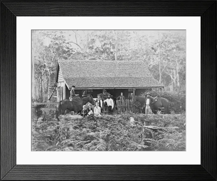 Framed Print : Australian wooden slab hut with large unknown family outside, c1900s Framed Print : Australian wooden slab hut with large unknown family outside, c1900s