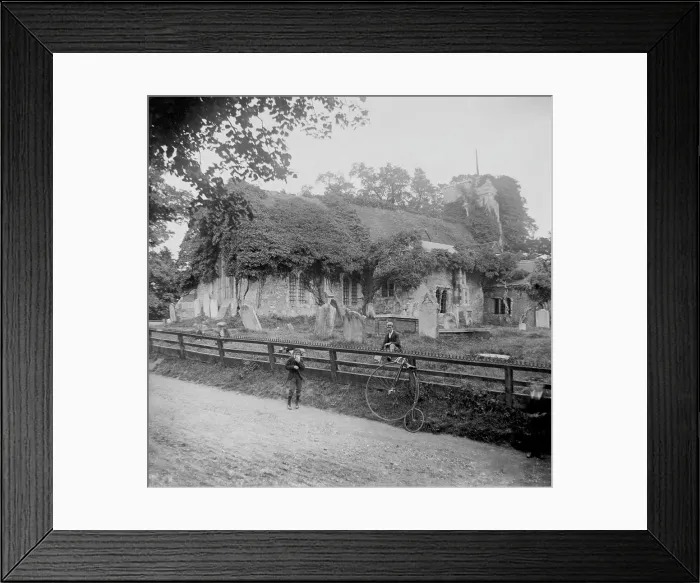 Framed Print : Abandoned stone church and penny-farthing bicycle, 1898. Creator: Robert Augustus Henry L'Estrange. Abandoned stone church and penny-farthing bicycle, 1898 Framed Print : Abandoned stone church and penny-farthing bicycle, 1898. Creator: Robert Augustus Henry L'Estrange. Abandoned stone church and penny-farthing bicycle, 1898