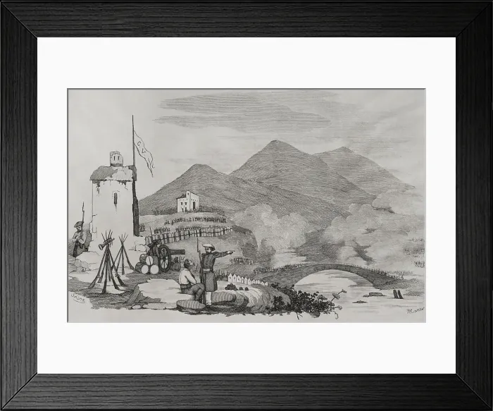 Framed Print : First Carlist War (1833-1840): Attack on Castrejana Bridge in 1835 (1845). Creators: Francisco Sainz, Martinez Framed Print : First Carlist War (1833-1840): Attack on Castrejana Bridge in 1835 (1845). Creators: Francisco Sainz, Martinez