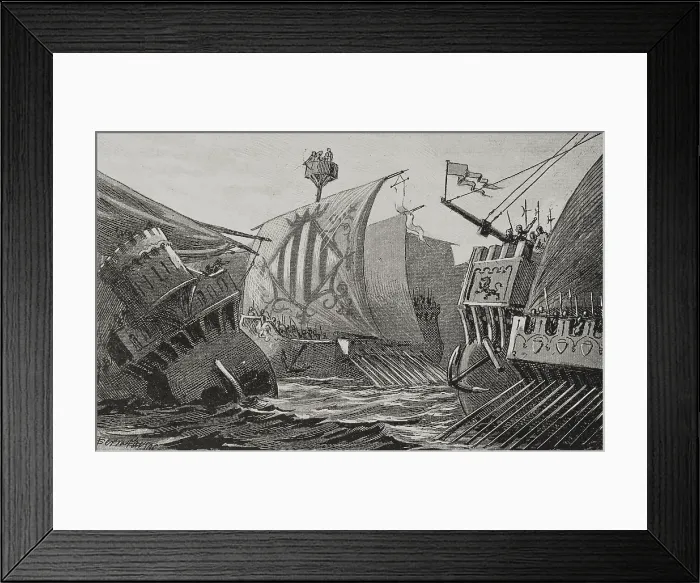 Framed Print : Naval combat between Catalans and Genoese, Middle Ages, 1890. Creator: Joan Serra y Pausas Framed Print : Naval combat between Catalans and Genoese, Middle Ages, 1890. Creator: Joan Serra y Pausas