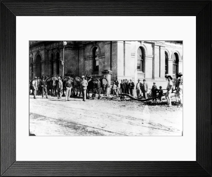 Framed Print : Workers ploughing Queen Street and Creek Street corner, Brisbane, Queensland, c1889. Creator: Unknown Framed Print : Workers ploughing Queen Street and Creek Street corner, Brisbane, Queensland, c1889. Creator: Unknown