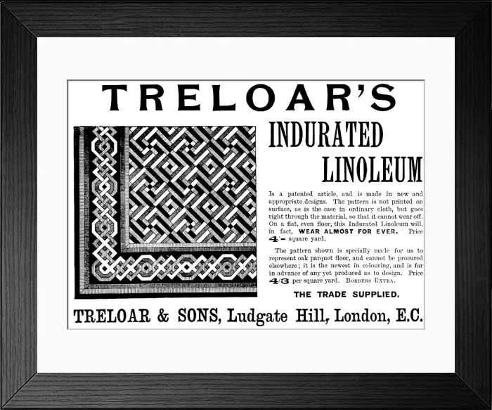 Framed Print : Advertisement for Treloar's Indurated Linoleum, 1895. Creator: Unknown. Advertisement for Treloar's Indurated Linoleum, 1895. Creator: Unknown Framed Print : Advertisement for Treloar's Indurated Linoleum, 1895. Creator: Unknown. Advertisement for Treloar's Indurated Linoleum, 1895. Creator: Unknown