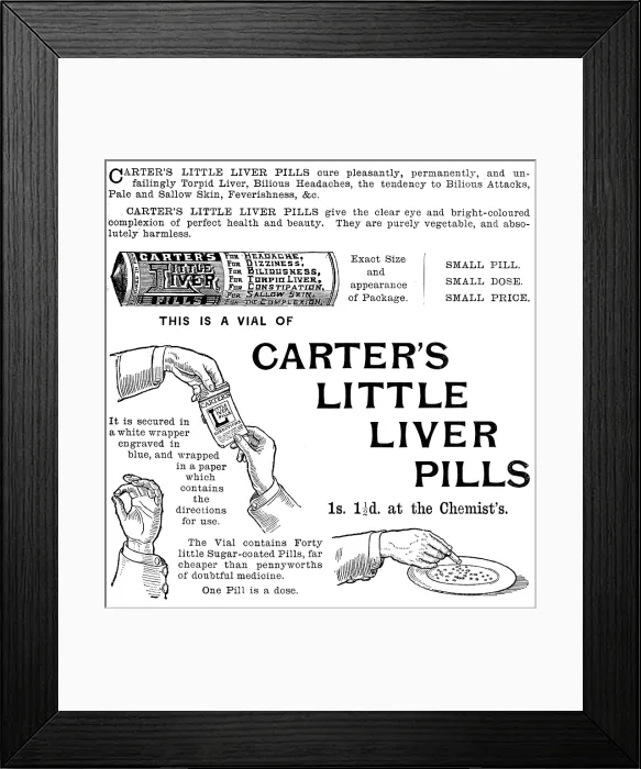 Framed Print : Advertisement for Carter's Little Liver Pills, 1895. Creator: Unknown. Advertisement for Carter's Little Liver Pills, 1895. Creator: Unknown Framed Print : Advertisement for Carter's Little Liver Pills, 1895. Creator: Unknown. Advertisement for Carter's Little Liver Pills, 1895. Creator: Unknown