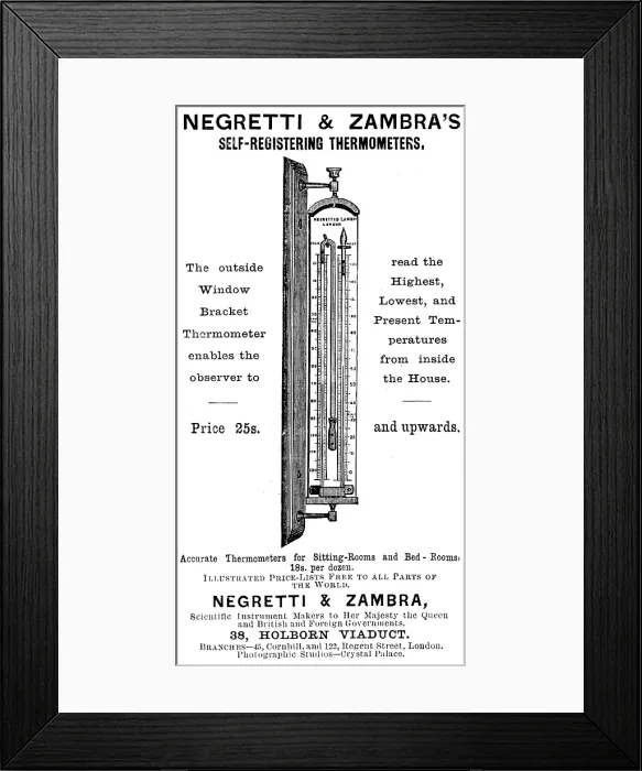 Framed Print : Advertisement for Negretti & Zambra's Self-Registering Thermometers, 1895 Framed Print : Advertisement for Negretti & Zambra's Self-Registering Thermometers, 1895