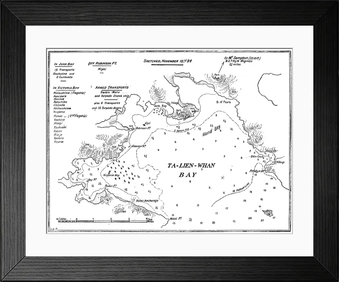 Framed Print : Plan of Ta-Lien-Whan Bay, captured by the Japanese on November 5, 1894, (1895). Creator: Carl Hentschel Framed Print : Plan of Ta-Lien-Whan Bay, captured by the Japanese on November 5, 1894, (1895). Creator: Carl Hentschel