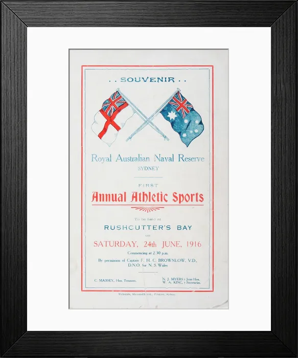 Framed Print : Royal Australian Naval Reserve First Annual Athletics Sports Souvenir Programme, Rushcutters...1916. Creator: Murphy Framed Print : Royal Australian Naval Reserve First Annual Athletics Sports Souvenir Programme, Rushcutters...1916. Creator: Murphy