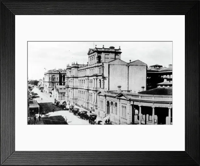 Framed Print : Looking along George Street from the corner of Queen Street, Brisbane, c1898. Creator: Unknown Framed Print : Looking along George Street from the corner of Queen Street, Brisbane, c1898. Creator: Unknown