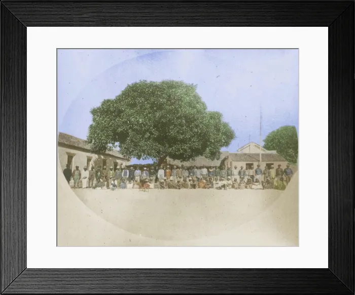Framed Print : Indigenous Australians in compound in front of Military Barracks c1859. Creator: Unknown Framed Print : Indigenous Australians in compound in front of Military Barracks c1859. Creator: Unknown