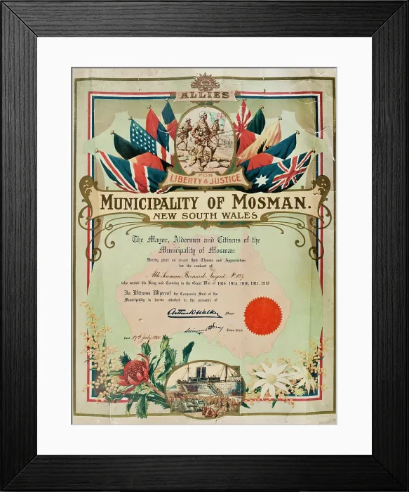 Framed Print : Certificate presented to Bernard Laurence Barney Nugent from the Municipality of Mosman