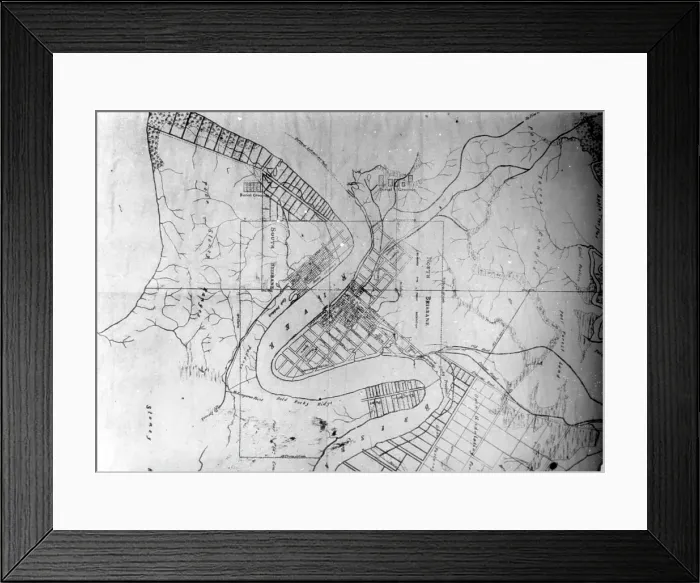 Framed Print : Aerial map of Brisbane showing North Brisbane, South Brisbane. Creator: Unknown Framed Print : Aerial map of Brisbane showing North Brisbane, South Brisbane. Creator: Unknown