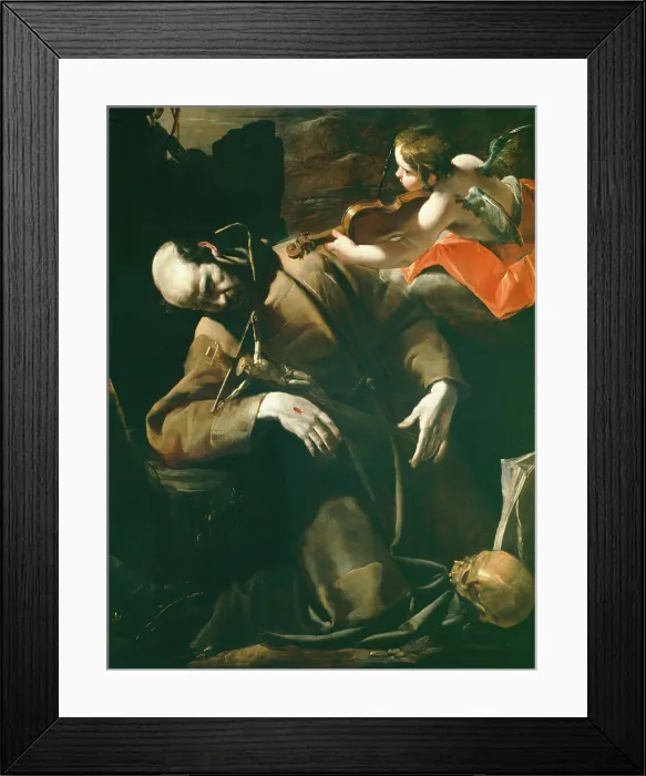 Framed Print : St. Francis of Assisi in Ecstasy before a Cherub with a Violin, between 1628 and 1630. Creator: Gioacchino Assereto