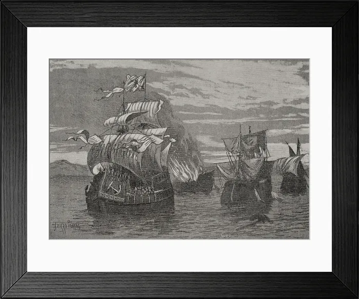 Framed Print : Naval battle of Sant Feliu de Guixols, 1285, (1890). Creator: Joan Serra y Pausas Framed Print : Naval battle of Sant Feliu de Guixols, 1285, (1890). Creator: Joan Serra y Pausas