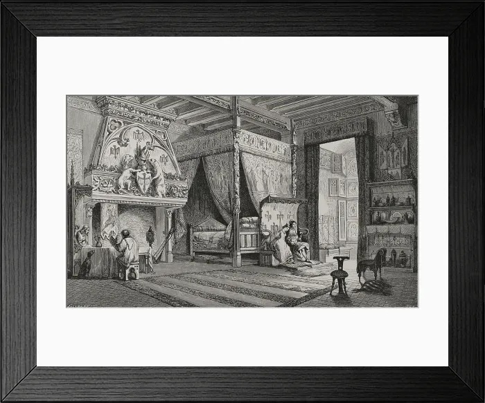 Framed Print : 14th century French manor bedroom, 1877. Creator: Jules Jean Marie Joseph Huyot Framed Print : 14th century French manor bedroom, 1877. Creator: Jules Jean Marie Joseph Huyot