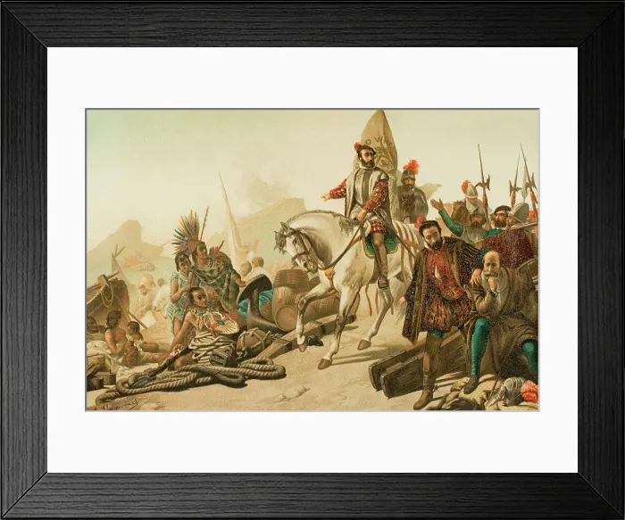 Framed Print : Destruction of the fleet - burning of their ships, Aztec Empire, 1890. Creator: Juan Alaminos Framed Print : Destruction of the fleet - burning of their ships, Aztec Empire, 1890. Creator: Juan Alaminos