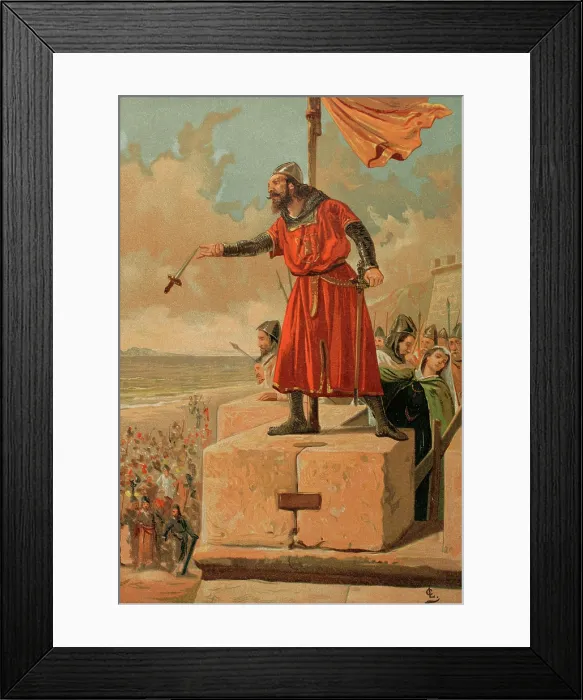 Framed Print : Guzman the Good throws his dagger at the Muslims during the siege of Tarifa in 1296, 1890. Creator: Unknown Framed Print : Guzman the Good throws his dagger at the Muslims during the siege of Tarifa in 1296, 1890. Creator: Unknown