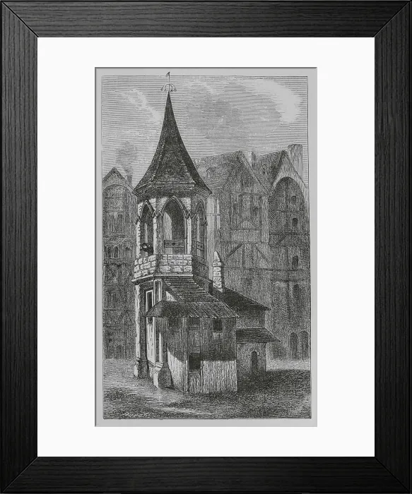 Framed Print : Pillory at Les Halles, Paris, France, 1670, (1878). Creators: Jules Jean Marie Joseph Huyot, Anon Framed Print : Pillory at Les Halles, Paris, France, 1670, (1878). Creators: Jules Jean Marie Joseph Huyot, Anon