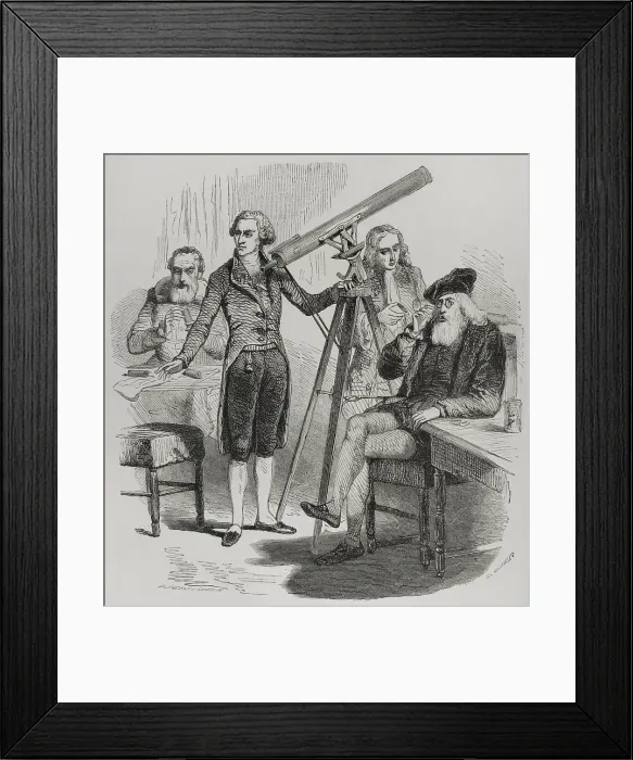 Framed Print : Janssen and his lenses, Galileo and his glasses, Newton and Herschel with their telescopes, 1856. Creator: Paul Perrichon Framed Print : Janssen and his lenses, Galileo and his glasses, Newton and Herschel with their telescopes, 1856. Creator: Paul Perrichon
