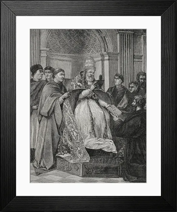 Framed Print : Pope Gregory IX, (1170-1241) receiving the Decretals compiled by Saint Raymond of Penafort, 1877. Creator: Jules Jean Marie Joseph Huyot Framed Print : Pope Gregory IX, (1170-1241) receiving the Decretals compiled by Saint Raymond of Penafort, 1877. Creator: Jules Jean Marie Joseph Huyot