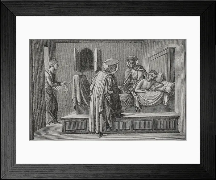 Framed Print : St Cosmas and St Damian visiting a sick person and administering aid, 1877. Creator: Jules Jean Marie Joseph Huyot Framed Print : St Cosmas and St Damian visiting a sick person and administering aid, 1877. Creator: Jules Jean Marie Joseph Huyot