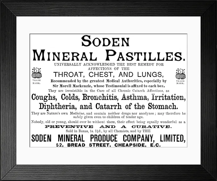 Framed Print : Advertisement for SODEN Mineral Pastilles, 1890. Creator: Unknown