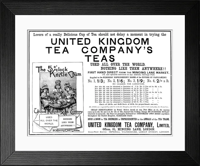 Framed Print : Advertisement for United Kingdom Tea Company's Teas, 1890. Creator: Unknown Framed Print : Advertisement for United Kingdom Tea Company's Teas, 1890. Creator: Unknown