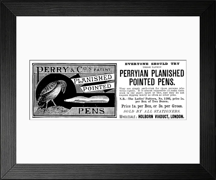 Framed Print : Advertisement for Perryian Planished Pointed Pens, 1890. Creator: Unknown Framed Print : Advertisement for Perryian Planished Pointed Pens, 1890. Creator: Unknown
