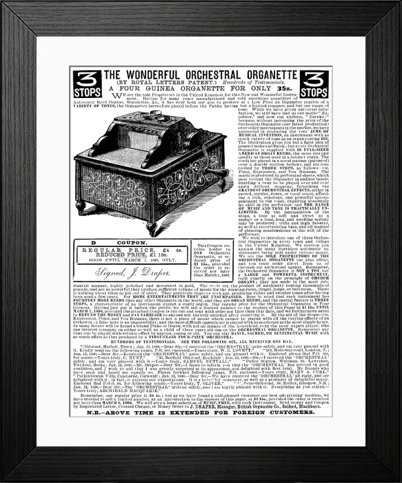Framed Print : Advertisement for the Wonderful Orchestral Organette, 1890. Creator: Unknown Framed Print : Advertisement for the Wonderful Orchestral Organette, 1890. Creator: Unknown