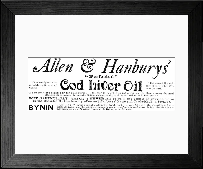 Framed Print : Advertisement for Allen & Hanbury's Cod Liver Oil, 1890. Creator: Unknown Framed Print : Advertisement for Allen & Hanbury's Cod Liver Oil, 1890. Creator: Unknown