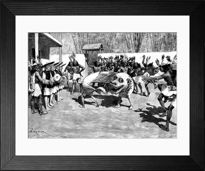 Framed Print : Sketches in the island of Formosa: quaint performance at a savage entertainment, 1890. Creator: F. P Framed Print : Sketches in the island of Formosa: quaint performance at a savage entertainment, 1890. Creator: F. P