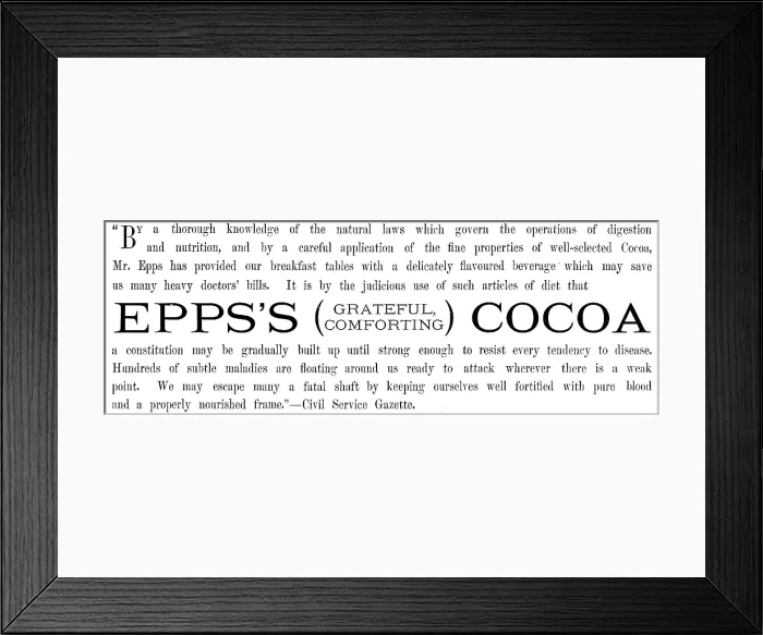 Framed Print : Advertisement for Epps's (Grateful, Comforting) Cocoa, 1890. Creator: Unknown Framed Print : Advertisement for Epps's (Grateful, Comforting) Cocoa, 1890. Creator: Unknown