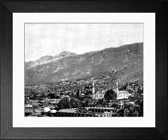 Framed Print : Broussa, in Asia Minor, the ancient Turkish capital: bird's-eye view of Broussa, 1890. Creator: Unknown Framed Print : Broussa, in Asia Minor, the ancient Turkish capital: bird's-eye view of Broussa, 1890. Creator: Unknown