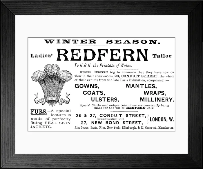 Framed Print : Advertisement for Redfern Ladies Tailor, 1890. Creator: Unknown Framed Print : Advertisement for Redfern Ladies Tailor, 1890. Creator: Unknown
