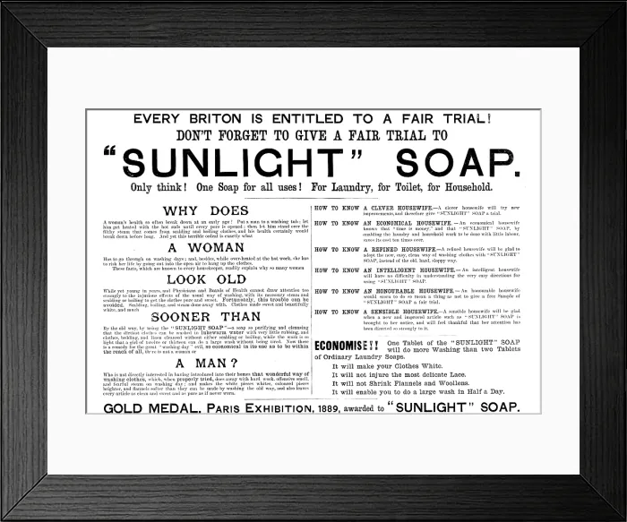 Framed Print : Advertisement for Sunlight Soap, 1890. Creator: Unknown Framed Print : Advertisement for Sunlight Soap, 1890. Creator: Unknown