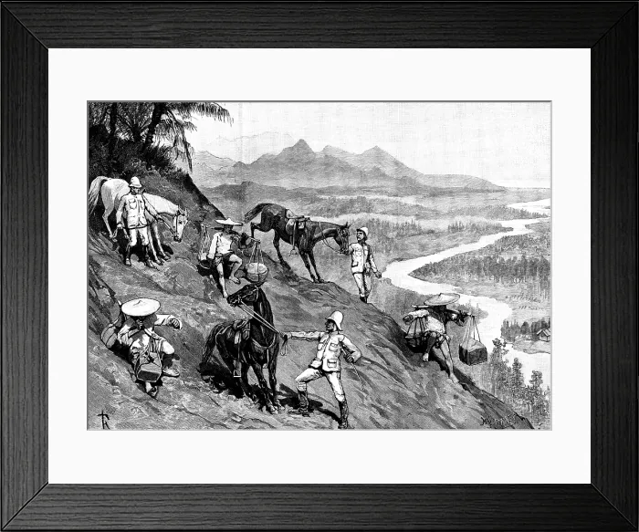 Framed Print : Sketches in Formosa: a hazardous descent, 1890. Creator: H. F. Davey Framed Print : Sketches in Formosa: a hazardous descent, 1890. Creator: H. F. Davey