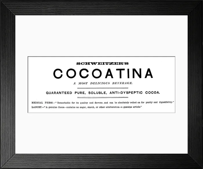 Framed Print : Advertisement for Schweitzer's Cocoatina, 1890. Creator: Unknown Framed Print : Advertisement for Schweitzer's Cocoatina, 1890. Creator: Unknown
