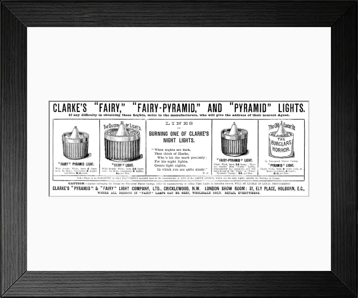 Framed Print : Advertisement for Clarke's 'Pyramid' & 'Fairy' Light Company, 1890. Creator: Unknown Framed Print : Advertisement for Clarke's 'Pyramid' & 'Fairy' Light Company, 1890. Creator: Unknown