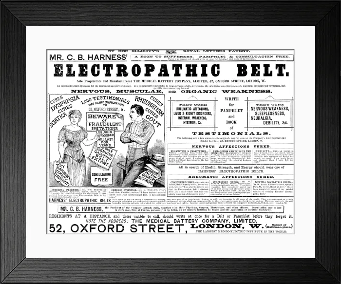 Framed Print : Advertisement for Mr. C. B. Harness Electropathic Belt, 1890. Creator: Unknown Framed Print : Advertisement for Mr. C. B. Harness Electropathic Belt, 1890. Creator: Unknown