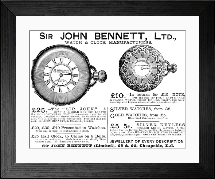 Framed Print : Advertisement for Sir John Bennett, Watch & Clock Manufacturers, 1890. Creator: Unknown Framed Print : Advertisement for Sir John Bennett, Watch & Clock Manufacturers, 1890. Creator: Unknown