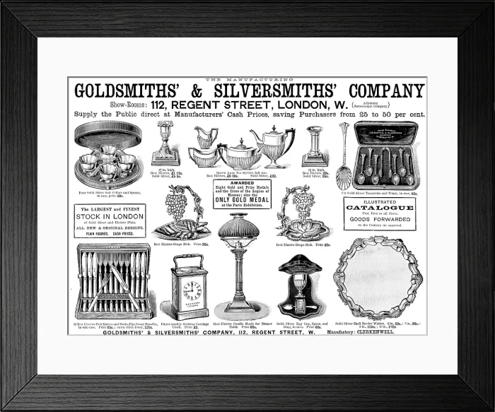 Framed Print : Advertisement for Goldsmiths & Silversmiths Company, 1890. Creator: Unknown Framed Print : Advertisement for Goldsmiths & Silversmiths Company, 1890. Creator: Unknown