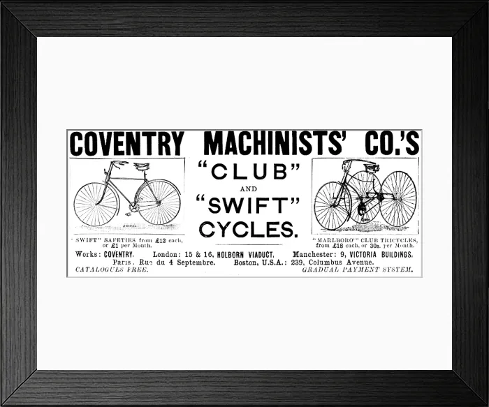 Framed Print : Advertisement for the Coventry Machinists Co. 1890. Creator: Unknown Framed Print : Advertisement for the Coventry Machinists Co. 1890. Creator: Unknown