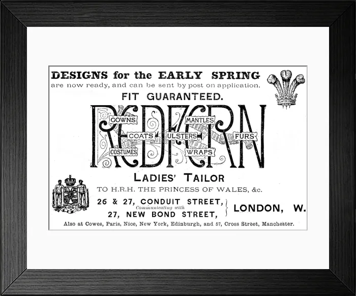 Framed Print : Advertisement for Redfern Ladies Tailor, 1890. Creator: Unknown Framed Print : Advertisement for Redfern Ladies Tailor, 1890. Creator: Unknown